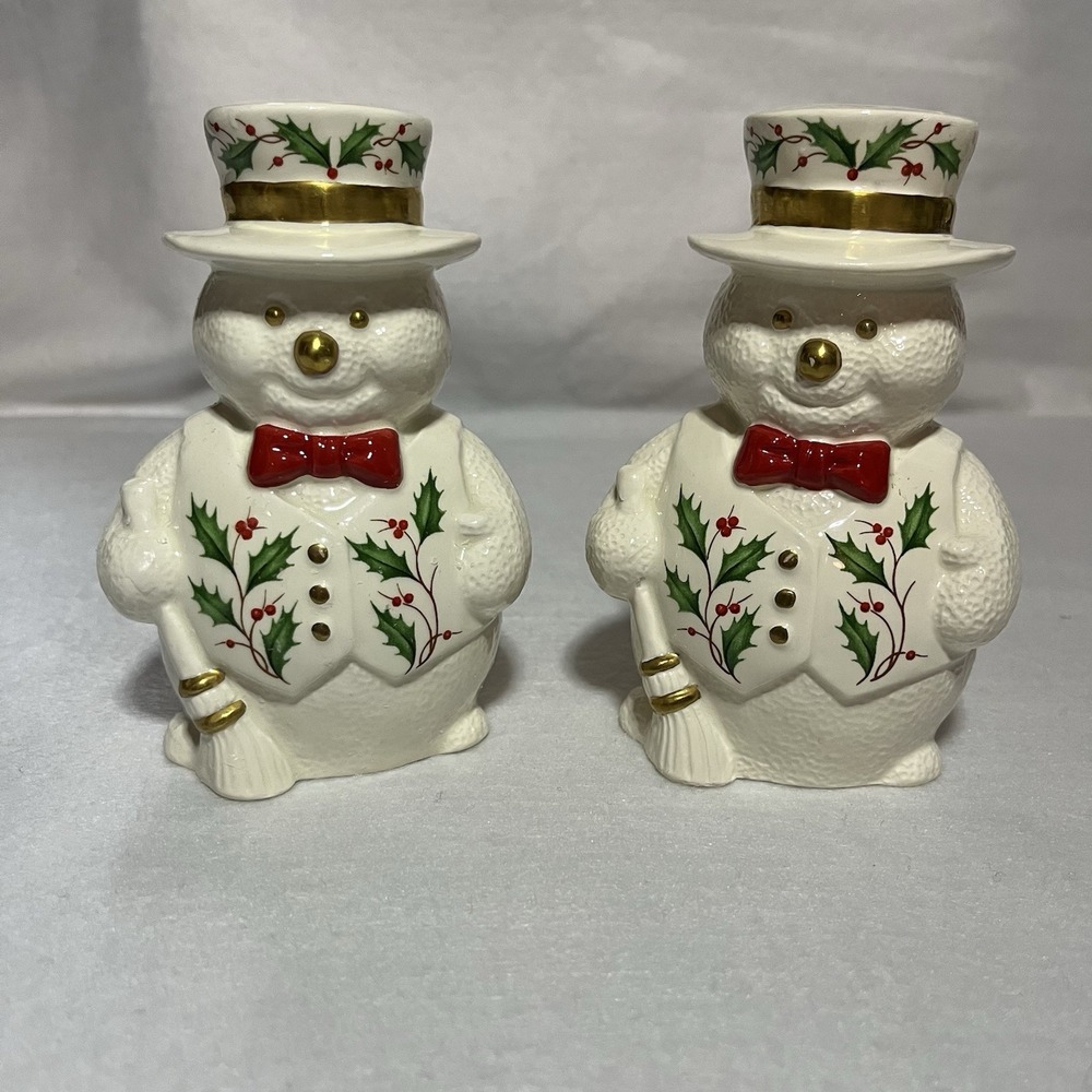 Set Of 2 Lenox Holiday Snowman Candle Holders Red Bowtie Holly Floral Pattern